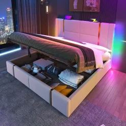 Lit 180x200 cm coffre de rangement et sommier relevable, tapissé lin beige, ports USB/Type-C, éclairage LED