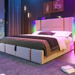 Lit 180x200 cm coffre de rangement et sommier relevable, tapissé lin beige, ports USB/Type-C, éclairage LED