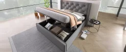 Lit 160x200 cm coffre de rangement avec sommier relevable et tête de lit capitonnée en tissu coton gris
