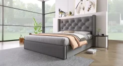 Lit 160x200 cm coffre de rangement avec sommier relevable et tête de lit capitonnée en tissu coton gris