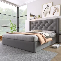 Lit 160x200 cm coffre de rangement avec sommier relevable et tête de lit capitonnée en tissu coton gris
