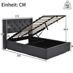 Lit 160x200 cm coffre de rangement avec sommier relevable et tête de lit capitonnée en tissu coton gris