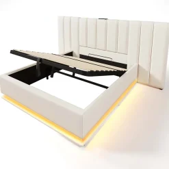 Lit 180x200 cm coffre de rangement hydraulique LED 360 pilotable revêtement PU blanc ports USB Type C