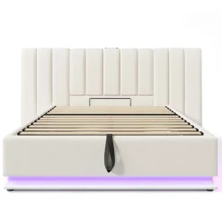 Lit 180x200 cm coffre de rangement hydraulique LED 360 pilotable revêtement PU blanc ports USB Type C