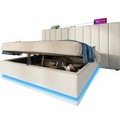 Lit 180x200 cm coffre de rangement hydraulique LED 360 pilotable revêtement PU blanc ports USB Type C
