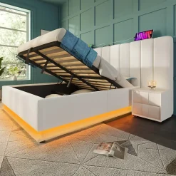 Lit 180x200 cm coffre de rangement hydraulique LED 360 pilotable revêtement PU blanc ports USB Type C