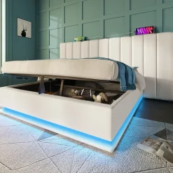 Lit 180x200 cm coffre de rangement hydraulique LED 360 pilotable revêtement PU blanc ports USB Type C