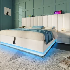 Lit 180x200 cm coffre de rangement hydraulique LED 360 pilotable revêtement PU blanc ports USB Type C