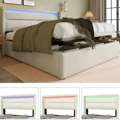 Lit 160x200 cm coffre de rangement avec sommier relevable, tête de lit LED tapissée PU blanc, style contemporain