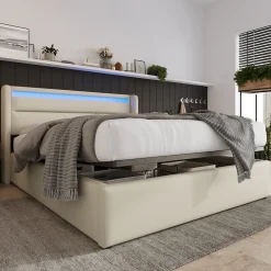 Lit 160x200 cm coffre de rangement avec sommier relevable, tête de lit LED tapissée PU blanc, style contemporain