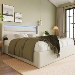 Lit 160x200 cm coffre de rangement avec sommier relevable, tête de lit LED tapissée PU blanc, style contemporain