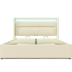 Lit 160x200 cm coffre de rangement avec sommier relevable, tête de lit LED tapissée PU blanc, style contemporain