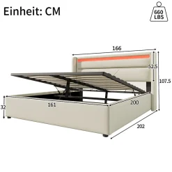 Lit 160x200 cm coffre de rangement avec sommier relevable, tête de lit LED tapissée PU blanc, style contemporain