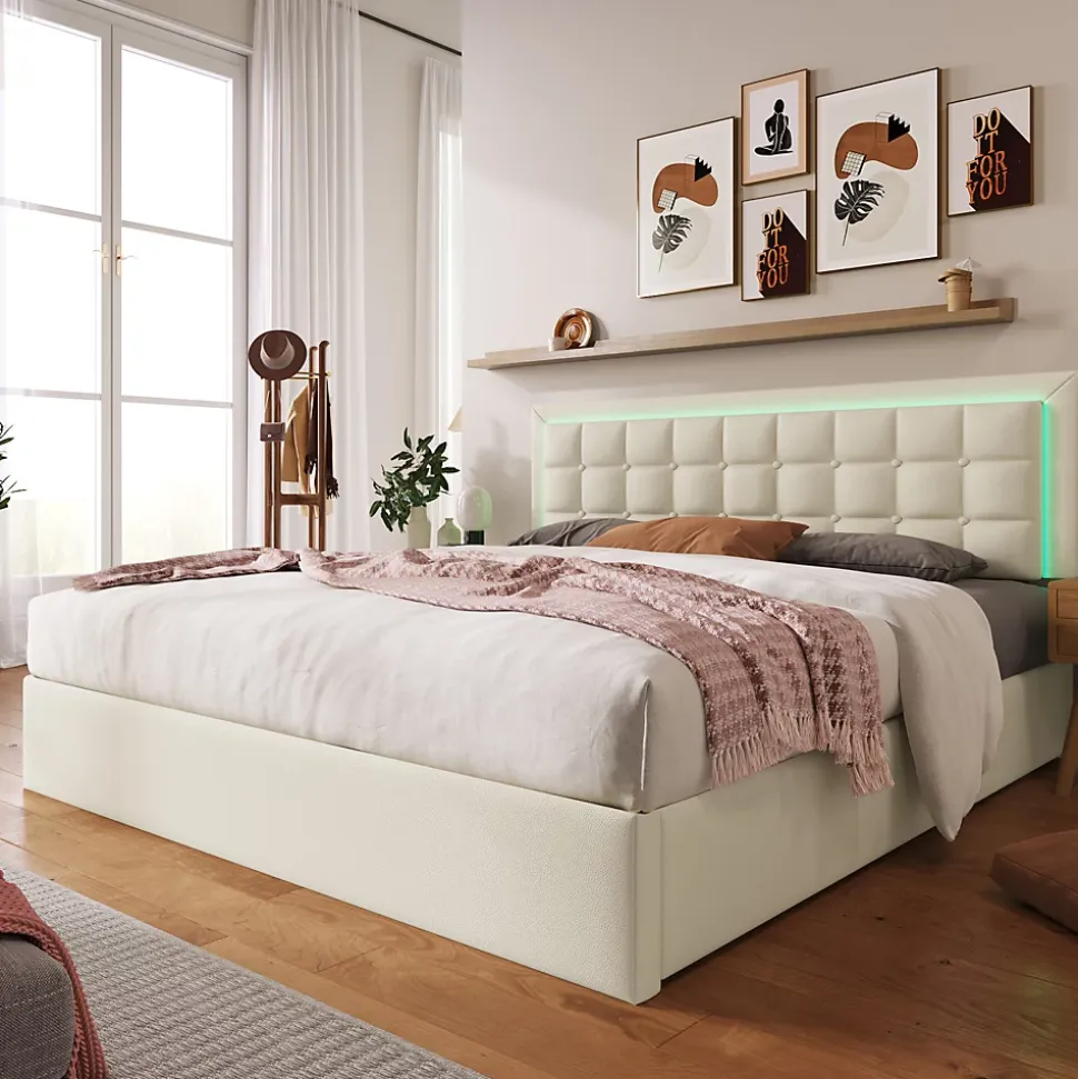 Lit 140x200 cm coffre de rangement avec sommier relevable, tête de lit capitonnée en PU et éclairage LED