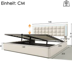 Lit 140x200 cm coffre de rangement avec sommier relevable, tête de lit capitonnée en PU et éclairage LED