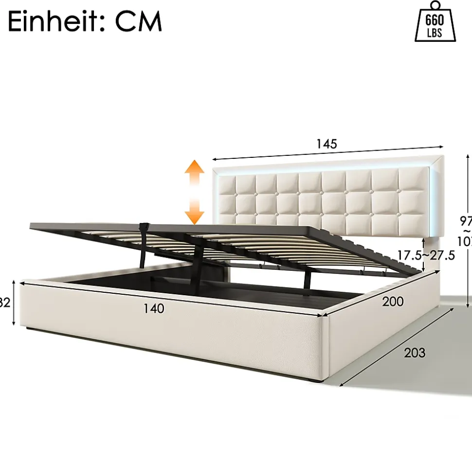 Lit 140x200 cm coffre de rangement avec sommier relevable, tête de lit capitonnée en PU et éclairage LED