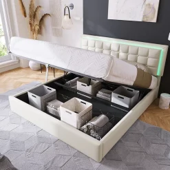 Lit 140x200 cm coffre de rangement avec sommier relevable, tête de lit capitonnée en PU et éclairage LED