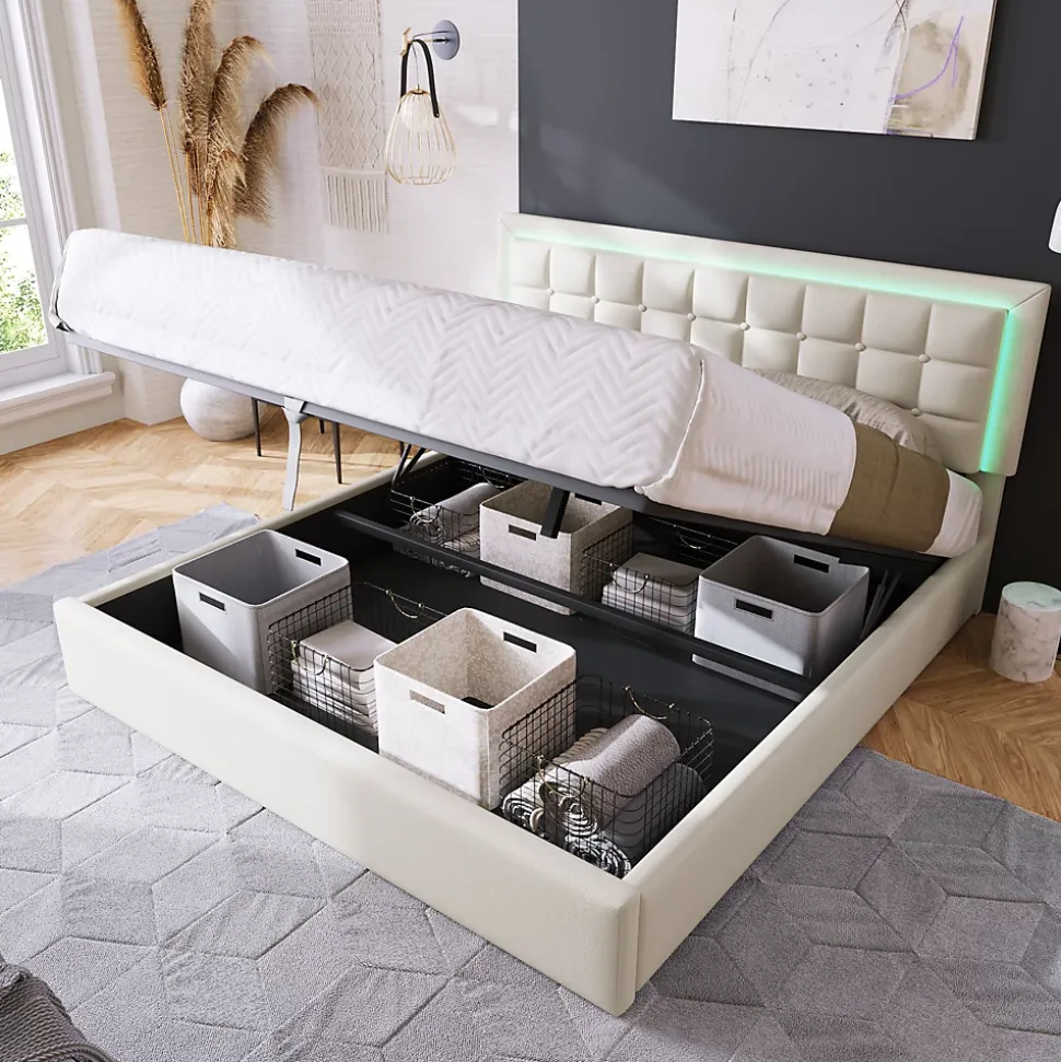 Lit 140x200 cm coffre de rangement avec sommier relevable, tête de lit capitonnée en PU et éclairage LED
