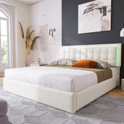 Lit 140x200 cm coffre de rangement avec sommier relevable, tête de lit capitonnée en PU et éclairage LED