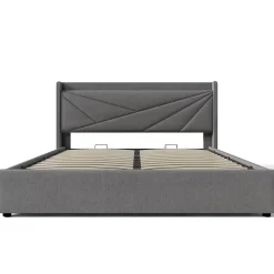 Lit 160x200 cm coffre de rangement avec ports USB et Type C, tete geometrique tapissee lin coton, cadre metal