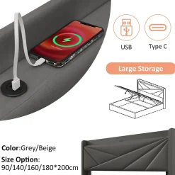Lit 160x200 cm coffre de rangement avec ports USB et Type C, tete geometrique tapissee lin coton, cadre metal