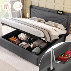 Lit 160x200 cm coffre de rangement avec ports USB et Type C, tete geometrique tapissee lin coton, cadre metal