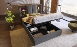 Lit 90x200 cm coffre relevable, tête de lit tapissée coton gris avec charge sans fil et ports USB