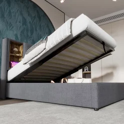 Lit 90x200 cm coffre relevable, tête de lit tapissée coton gris avec charge sans fil et ports USB