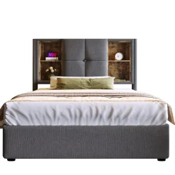 Lit 90x200 cm coffre relevable, tête de lit tapissée coton gris avec charge sans fil et ports USB