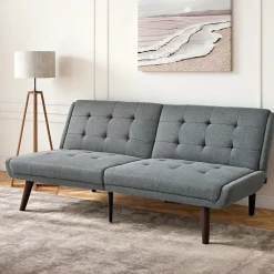 Lit 146x89 cm convertible 3-en-1 en tissu lin gris, dossier 5 positions, cadre bois et renfort métal