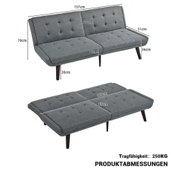 Lit 146x89 cm convertible 3-en-1 en tissu lin gris, dossier 5 positions, cadre bois et renfort métal