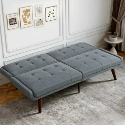 Lit 146x89 cm convertible 3-en-1 en tissu lin gris, dossier 5 positions, cadre bois et renfort métal