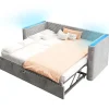 Lit 90x200 cm convertible en 180x200 cm, tapissé velours gris avec LED multicolore et structure MDF