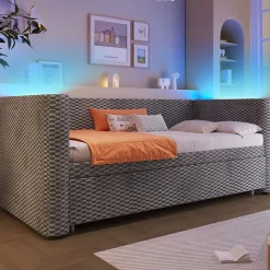 Lit 90x200 cm convertible en 180x200 cm, tapissé velours gris avec LED multicolore et structure MDF