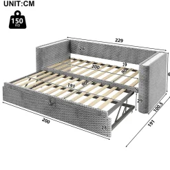 Lit 90x200 cm convertible en 180x200 cm, tapissé velours gris avec LED multicolore et structure MDF