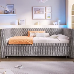 Lit 90x200 cm convertible en 180x200 cm, tapissé velours gris avec LED multicolore et structure MDF