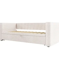 Lit 90x200 cm convertible en 180x200 cm avec revêtement velours beige et bande LED contrôlée par application