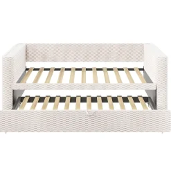 Lit 90x200 cm convertible en 180x200 cm avec revêtement velours beige et bande LED contrôlée par application