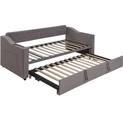 Lit 90x190 cm convertible en 180x190 cm avec rangements intégrés, accoudoirs coffre et revêtement velours gris