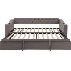 Lit 90x190 cm convertible en 180x190 cm avec rangements intégrés, accoudoirs coffre et revêtement velours gris