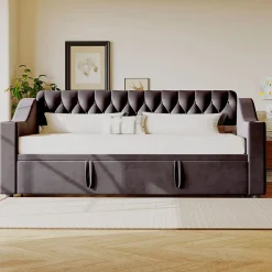 Lit 90x190 cm convertible en 180x190 cm avec rangements intégrés, accoudoirs coffre et revêtement velours gris