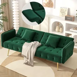 Lit 215x81,5 cm convertible velours, dossiers et accoudoirs multipositions, pieds métal doré, style moderne