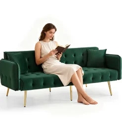 Lit 215x81,5 cm convertible velours, dossiers et accoudoirs multipositions, pieds métal doré, style moderne