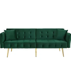 Lit 215x81,5 cm convertible velours, dossiers et accoudoirs multipositions, pieds métal doré, style moderne