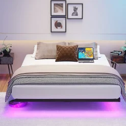 Lit 120x200 cm effet flottant avec éclairage LED et station de charge intégrée, finition noir