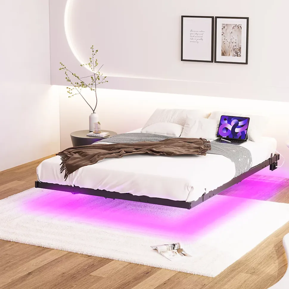 Lit 120x200 cm effet flottant avec éclairage LED et station de charge intégrée, finition noir