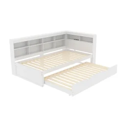 Lit 140x200 cm en bois massif blanc avec rangement intégré et prise USB, design contemporain