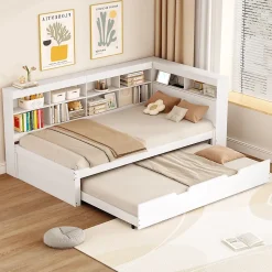 Lit 140x200 cm en bois massif blanc avec rangement intégré et prise USB, design contemporain