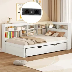 Lit 140x200 cm en bois massif blanc avec rangement intégré et prise USB, design contemporain