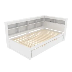 Lit 140x200 cm en bois massif blanc avec rangement intégré et prise USB, design contemporain